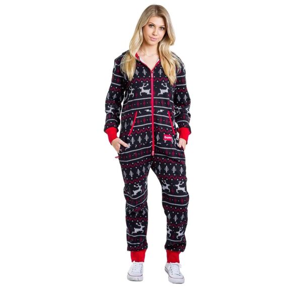 Tipsy Elves Black and Red Fair Isle Jumpsuit Size Medium NWT - Picture 1 of 8